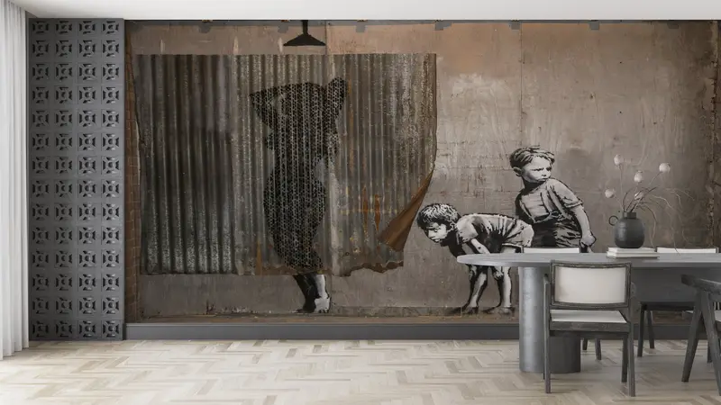 Peeping Tom Boys Wall Mural, Banksy Wall Art, Banksy Woman Mural, Street Wall Paper, Painting Wall Mural, Graffiti Mural, - 4