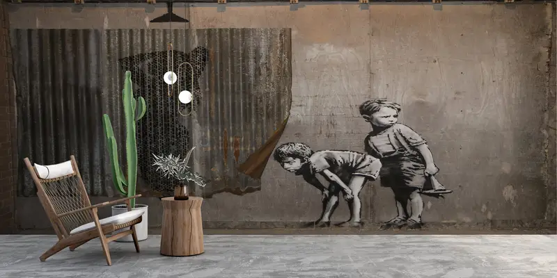 Peeping Tom Boys Wall Mural, Banksy Wall Art, Banksy Woman Mural, Street Wall Paper, Painting Wall Mural, Graffiti Mural, - 2