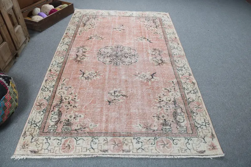 Vintage Türk Oushak Bölge Halısı 4.8x7.9 ft, Kırmızı Güneybatı Halı Yün - 1