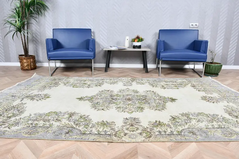 5.6x9.2 ft Vintage Türk Halısı, Büyük Halı, Gri Yeşil İkat Yün Halı - 1