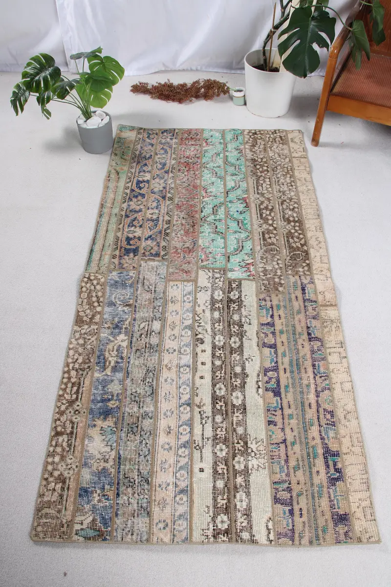 Alfombra Ikat marrón, 3,1x6,3 pies con detalles en azul