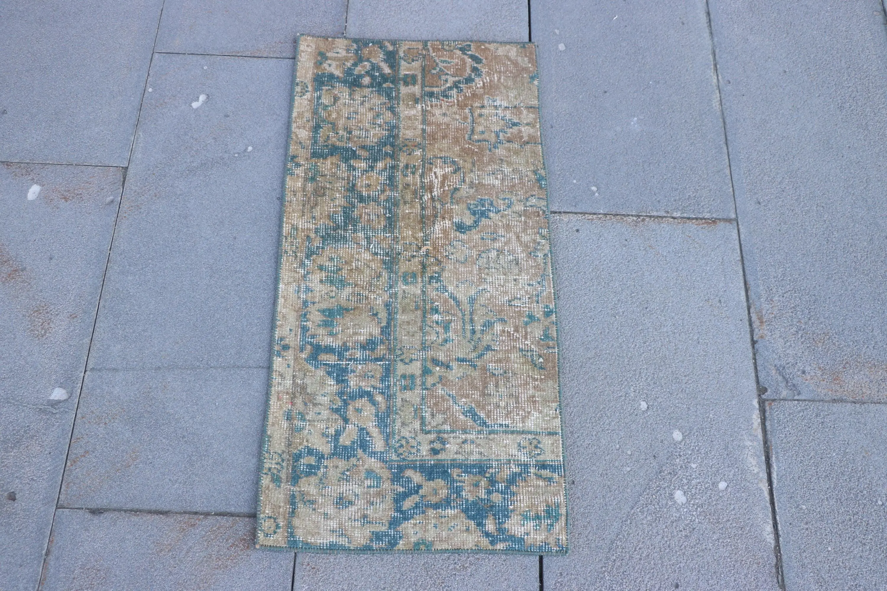 1.3x2.7 ft Vintage Small Rug, Blue Brown Turkish Bordered Wool Rug - 1