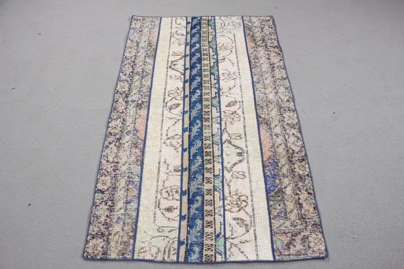 ブルー&ベージュチェックラグ、3.1x5.2フィートエレガントフローリング