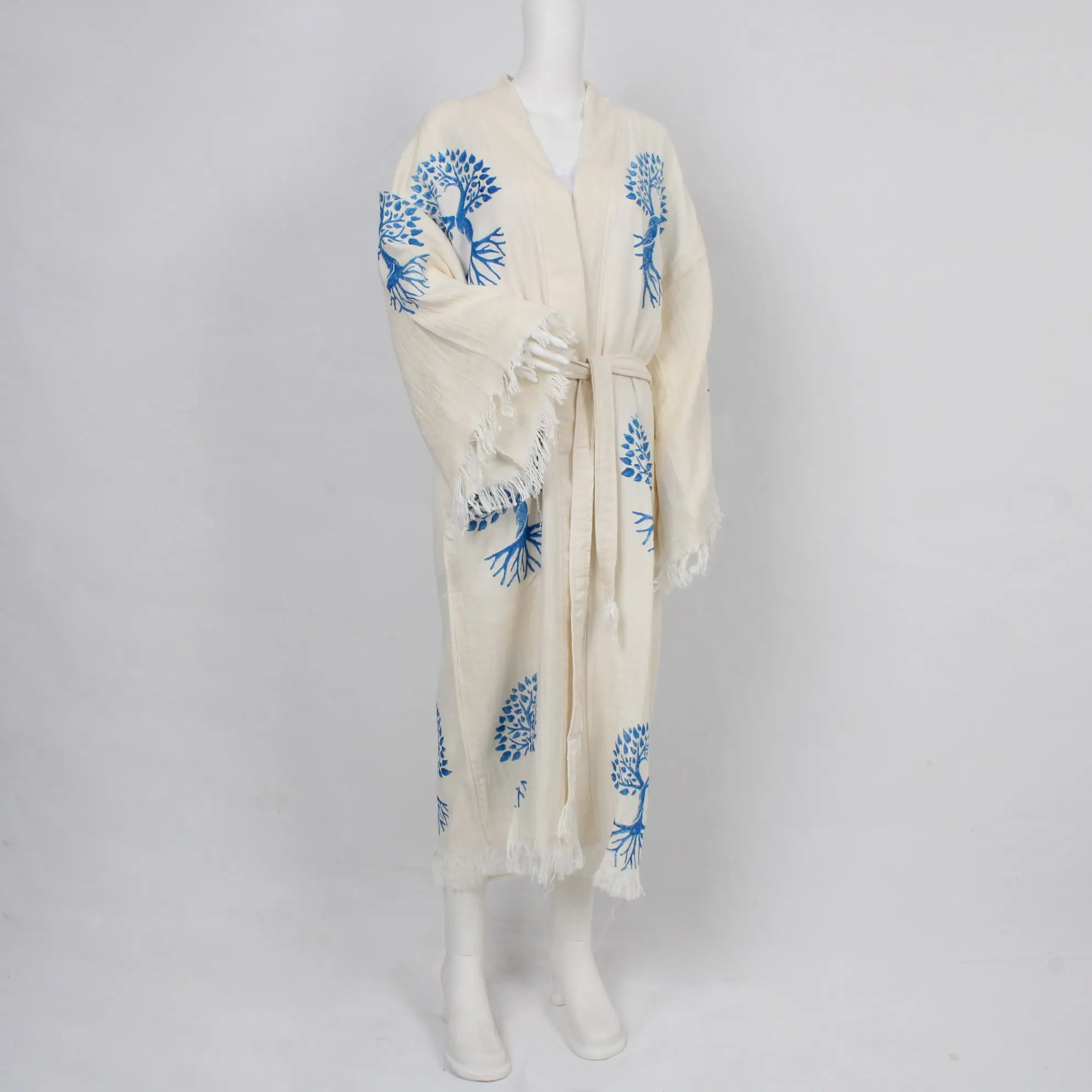 Spa Kimono Muslin Bathrobe Beige Blue Tree Patterned, Medium/Large - 1