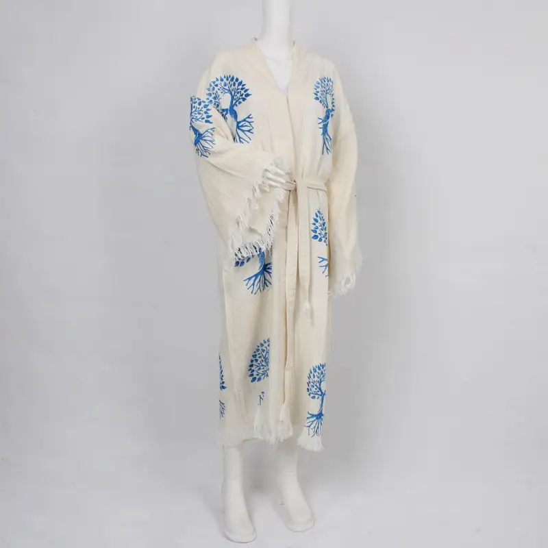 Albornoz de muselina tipo kimono para spa, estampado de árboles en color beige y azul, mediano/grande - 1