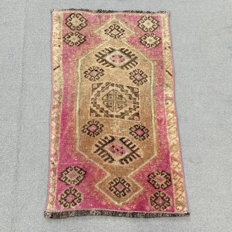 Vintage Rug, 1.5x2.6 ft Turkish Rug, Red Brown Floral Wool Rug - 1