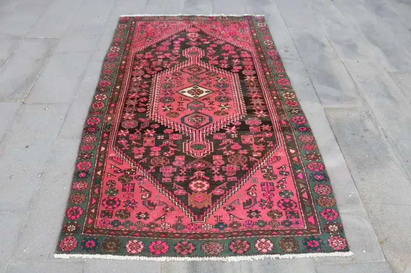 Vintage 4x7.2 ft Rug, Area Turkish Rug, Red Green Floral Rug - 1