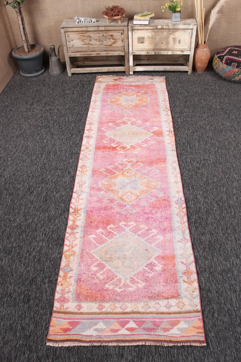 Turkish Vintage Runner Rug 3x10.5 ft, Pink Orange Oriental Rug - 1