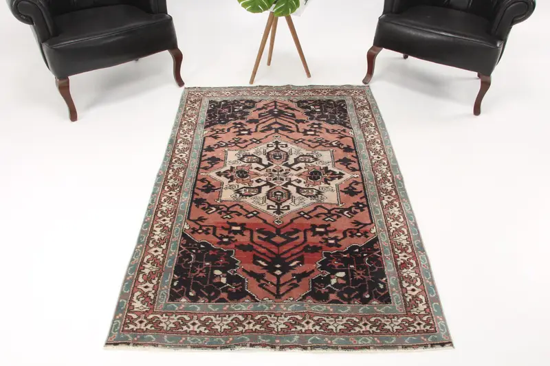 Vintage Oushak Accent Halı 3,7x5,8 ft (113x176 cm), Türk Kırmızısı Katı Yün Halı - 1