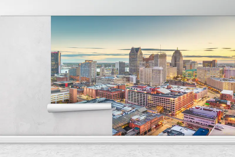 Modernes Handlungenpapier, Papierwandkunst, Detroit Michigan Landschaft, Skyline Landscape Wallpapier, benutzerdefinierte Handpapier, Detroit Wandplakat, - 3