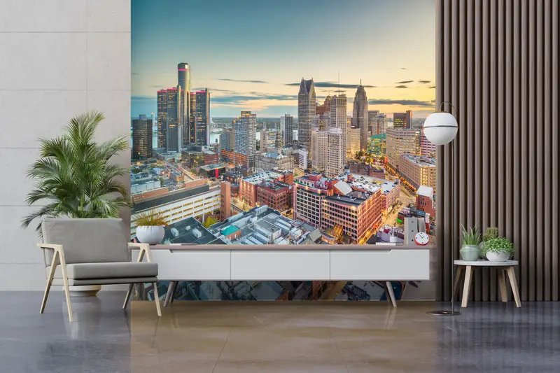 Modernes Handlungenpapier, Papierwandkunst, Detroit Michigan Landschaft, Skyline Landscape Wallpapier, benutzerdefinierte Handpapier, Detroit Wandplakat, - 2