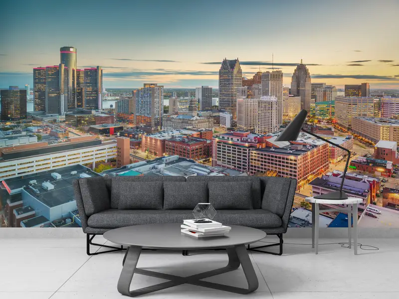 Modernes Handlungenpapier, Papierwandkunst, Detroit Michigan Landschaft, Skyline Landscape Wallpapier, benutzerdefinierte Handpapier, Detroit Wandplakat, - 4