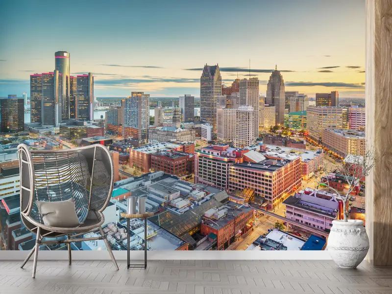 Modernes Handlungenpapier, Papierwandkunst, Detroit Michigan Landschaft, Skyline Landscape Wallpapier, benutzerdefinierte Handpapier, Detroit Wandplakat, - 6
