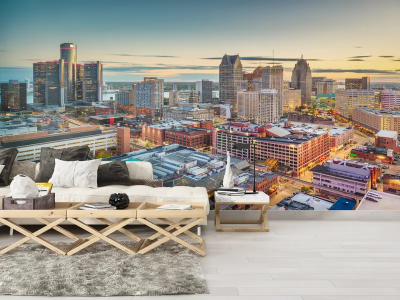 Modernes Handlungenpapier, Papierwandkunst, Detroit Michigan Landschaft, Skyline Landscape Wallpapier, benutzerdefinierte Handpapier, Detroit Wandplakat, - 1