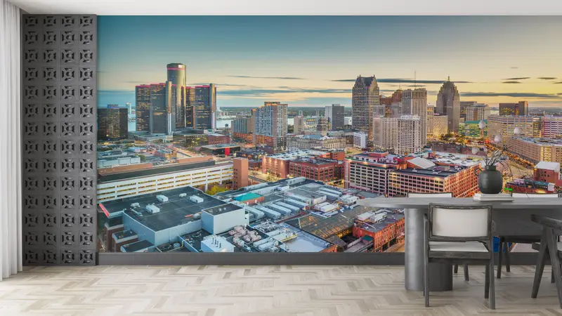 Modernes Handlungenpapier, Papierwandkunst, Detroit Michigan Landschaft, Skyline Landscape Wallpapier, benutzerdefinierte Handpapier, Detroit Wandplakat, - 7