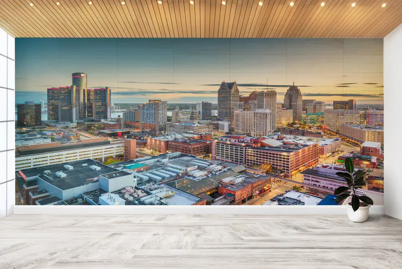 Modernes Handlungenpapier, Papierwandkunst, Detroit Michigan Landschaft, Skyline Landscape Wallpapier, benutzerdefinierte Handpapier, Detroit Wandplakat, - 5