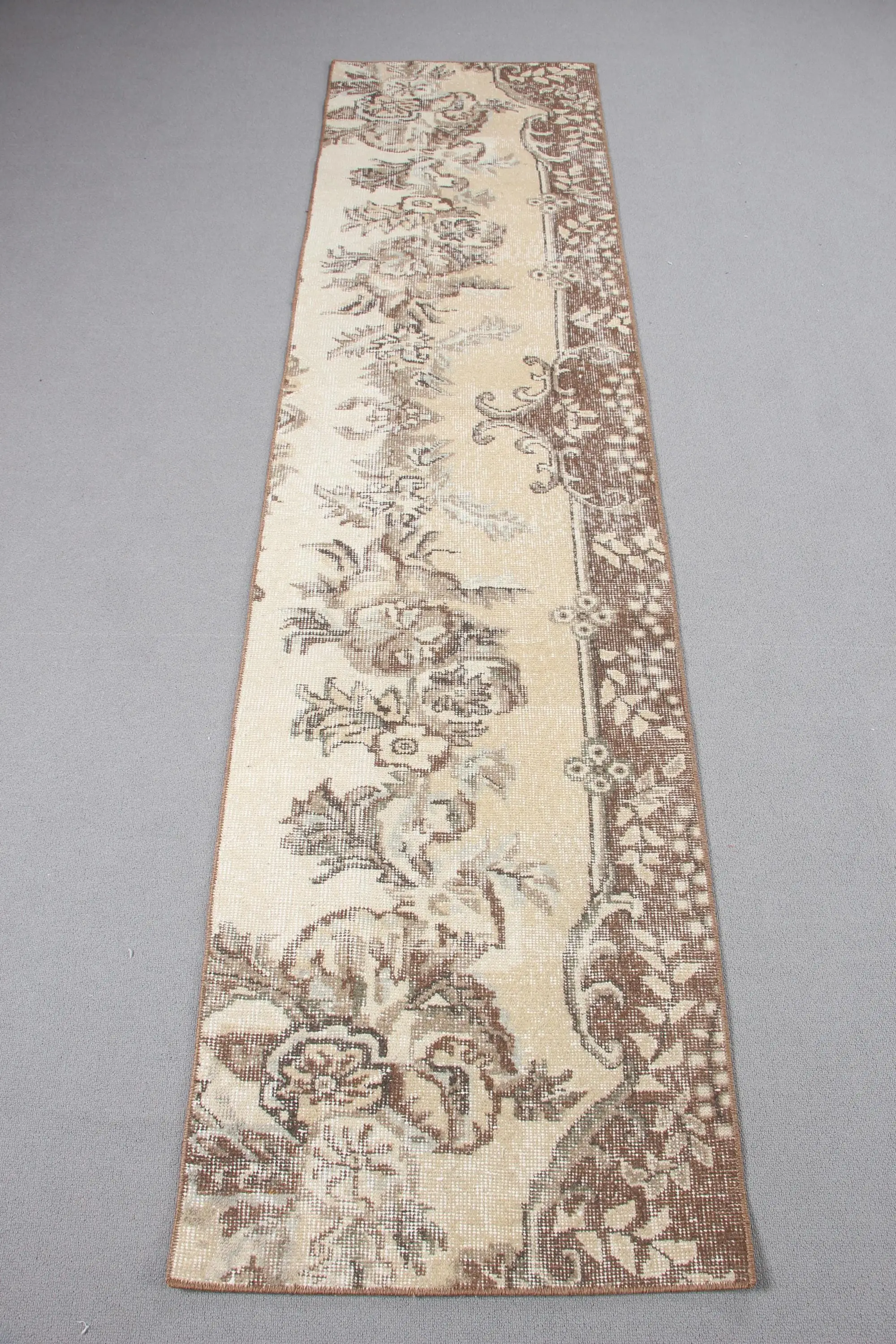 Turkish Vintage Runner Rug 2.1x8.3 ft, Brown White Ikat Rug - 1