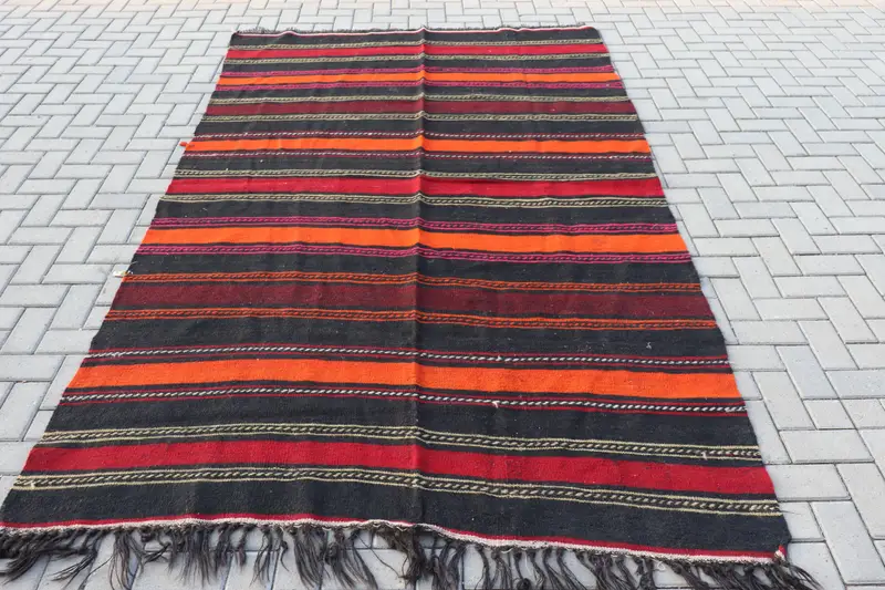 6.3x9.7 ft Turkish Kilim Rug, Black Oriental Vintage Wool Rug - 1