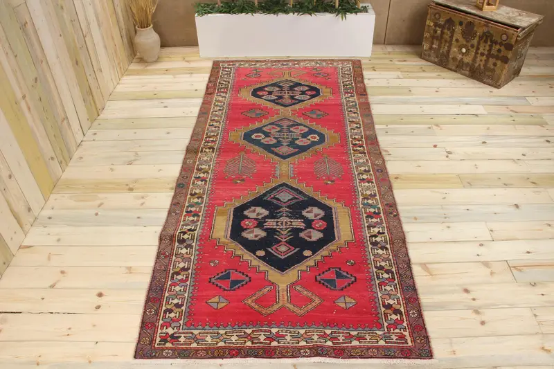 Handmade Pink & Blue Rug, 0.4x9.6 ft Floral & Geometric