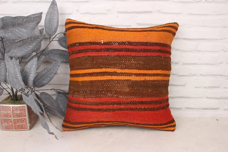 Cushion, Vintage Kilim Pillow, 18x18 Orange Pillow Sham, Anatolian Pillow Case, Designer Throw Pillow Case, Vintage Kilim Throw Pillow, Boho Pillow - 1