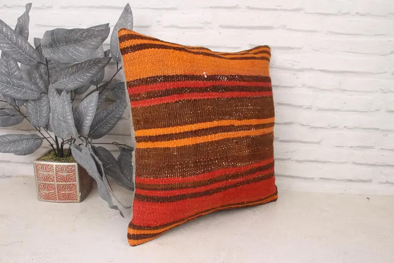 Cushion, Vintage Kilim Pillow, 18x18 Orange Pillow Sham, Anatolian Pillow Case, Designer Throw Pillow Case, Vintage Kilim Throw Pillow, Boho Pillow - 3
