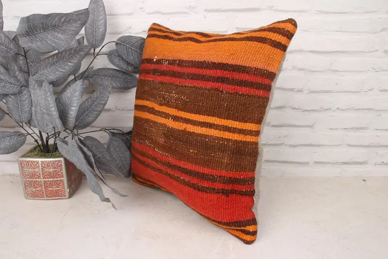 Cushion, Vintage Kilim Pillow, 18x18 Orange Pillow Sham, Anatolian Pillow Case, Designer Throw Pillow Case, Vintage Kilim Throw Pillow, Boho Pillow - 4