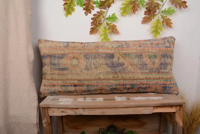 Mavi & Bej Patchwork Kırlent, 16x36 El Yapımı Kırlent