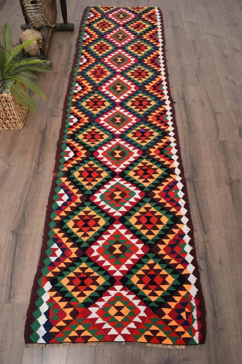 2.6x9.7 ft Runner Turkish Rug, Vintage Rug, Red Green Floral Wool Rug - 1