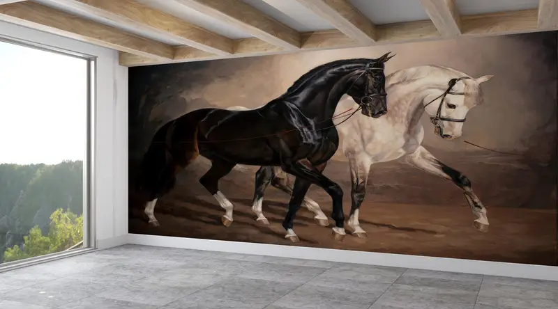 Love Wall Decals, Animal Wall Decor, Black And White Horse Wall Art, Horse Digital Paper, Wall Mural Wallpaper, Papercraft 3D, - 1