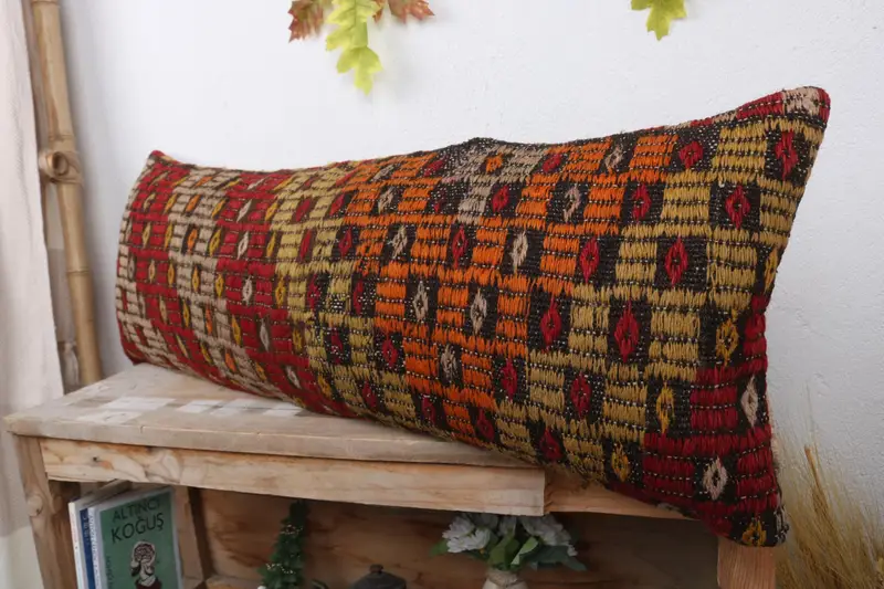 Boho Pillow, Pillow Case, Vintage Kilim Pillow Cushion Cover, 12x36 Red Cushion, Interior Designer Pillow, Kilim Cushion Sham - 4