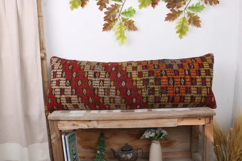 Boho Pillow, Pillow Case, Vintage Kilim Pillow Cushion Cover, 12x36 Red Cushion, Interior Designer Pillow, Kilim Cushion Sham - 1