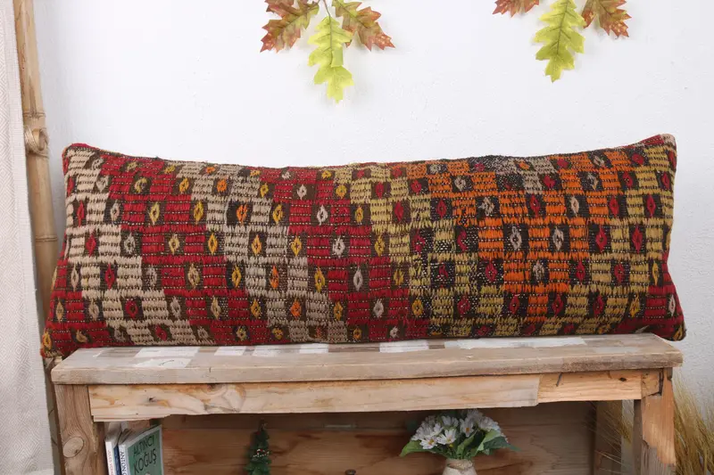 Boho Pillow, Pillow Case, Vintage Kilim Pillow Cushion Cover, 12x36 Red Cushion, Interior Designer Pillow, Kilim Cushion Sham - 2
