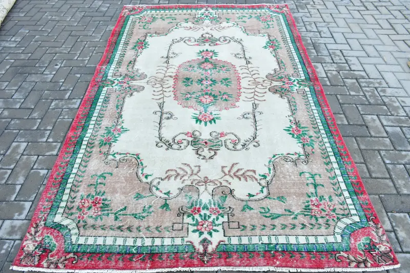 Alfombra turca grande 5,4x8,9 pies, lana de alfombra sólida verde rojo - 1