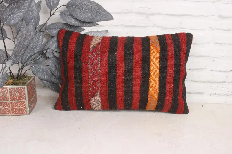 Anatolian Cushion Case, Cushion Cover, Vintage Pillow, Kilim Cushion Sham, 12x20 Red Pillow Sham, Bolster Throw Pillow Cover, Kilim Pillow Cover - 1