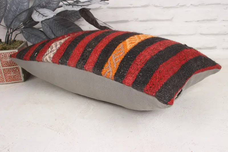 Anatolian Cushion Case, Cushion Cover, Vintage Pillow, Kilim Cushion Sham, 12x20 Red Pillow Sham, Bolster Throw Pillow Cover, Kilim Pillow Cover - 6