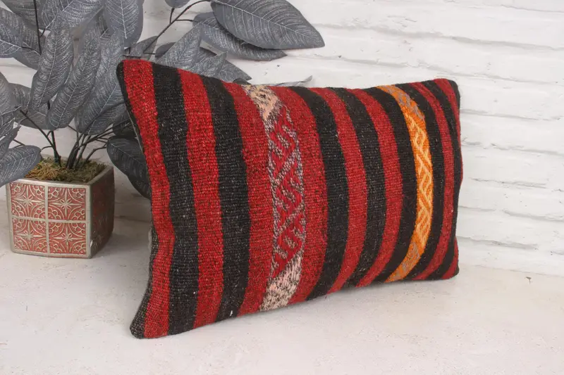 Anatolian Cushion Case, Cushion Cover, Vintage Pillow, Kilim Cushion Sham, 12x20 Red Pillow Sham, Bolster Throw Pillow Cover, Kilim Pillow Cover - 3