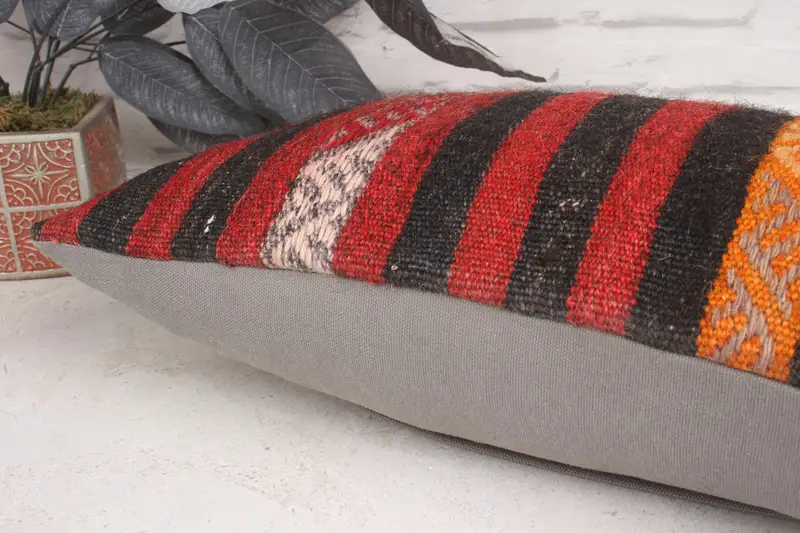 Anatolian Cushion Case, Cushion Cover, Vintage Pillow, Kilim Cushion Sham, 12x20 Red Pillow Sham, Bolster Throw Pillow Cover, Kilim Pillow Cover - 7