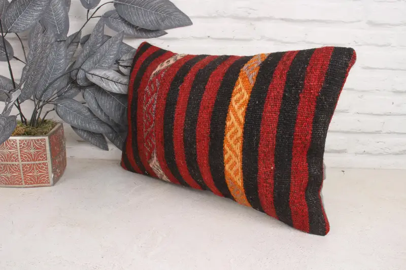 Anatolian Cushion Case, Cushion Cover, Vintage Pillow, Kilim Cushion Sham, 12x20 Red Pillow Sham, Bolster Throw Pillow Cover, Kilim Pillow Cover - 4