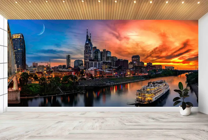 Papel pintado impreso del horizonte de Nashville: elegantes vistas del paisaje marino y del atardecer