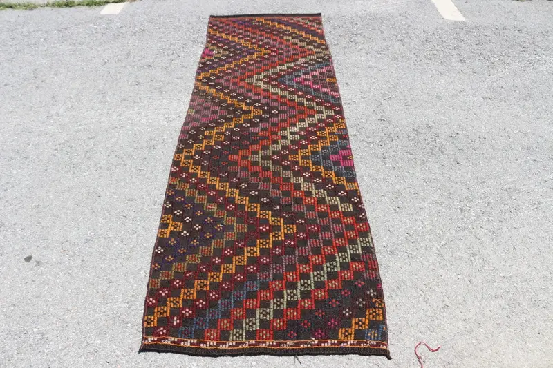 Türk Vintage Kilim Yolluk Halısı 2.6x8.3 ft, Kırmızı Oryantal Halı Yün - 1