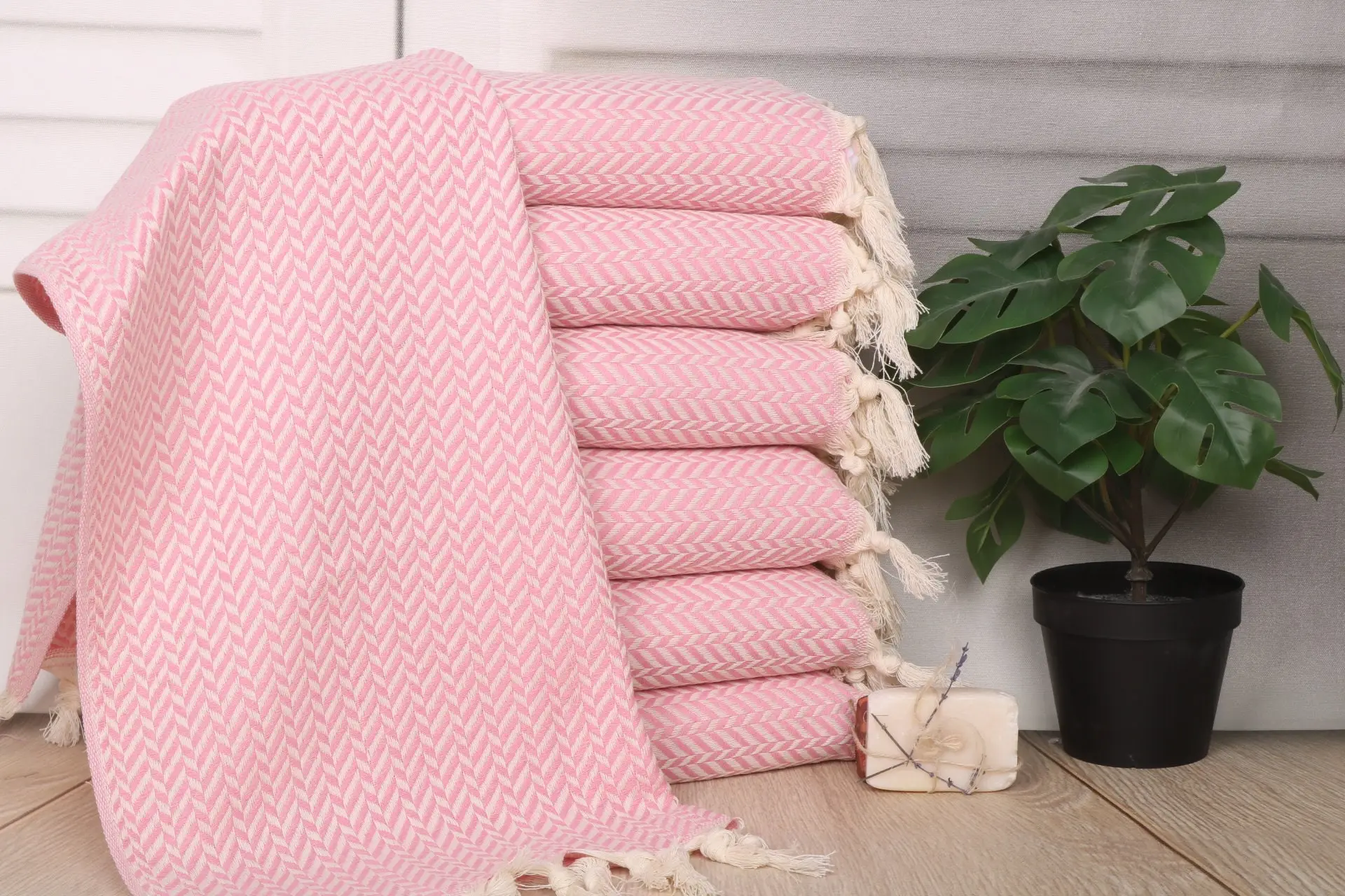 Monogram Hand Towel Cotton Light Powder Pink Chevron, 18x36 Inches - 1