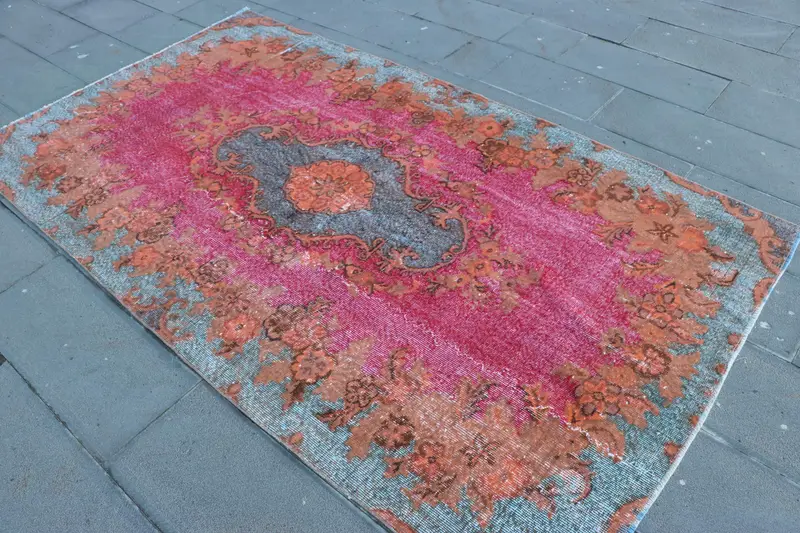 Turkish Rug, 4.6x8.2 ft Area Vintage Rug, Oushak Red Blue Floral Rug - 1