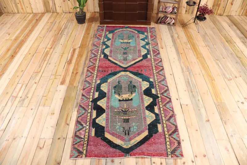 Türk Vintage Halı 3.6x8.5 ft (111x260 cm), Oushak Kırmızı Geometrik Halı - 1