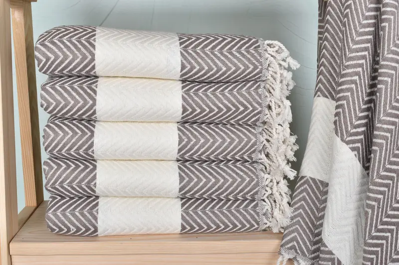 Turkish Beach Towel Personalized Brown Chevron, Beige, Organic Cotton/Linen, 40x71 Inches