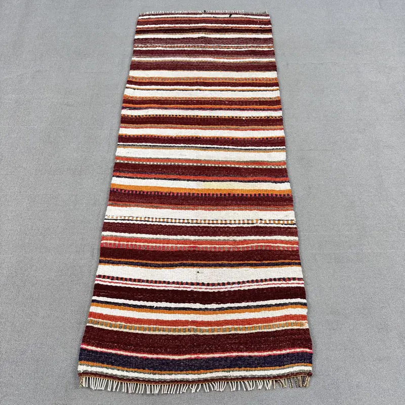 Vintage Kilim Accent Rug 2.5x6.2 ft (75x188 cm), Turkish Red Striped Wool Rug - 1