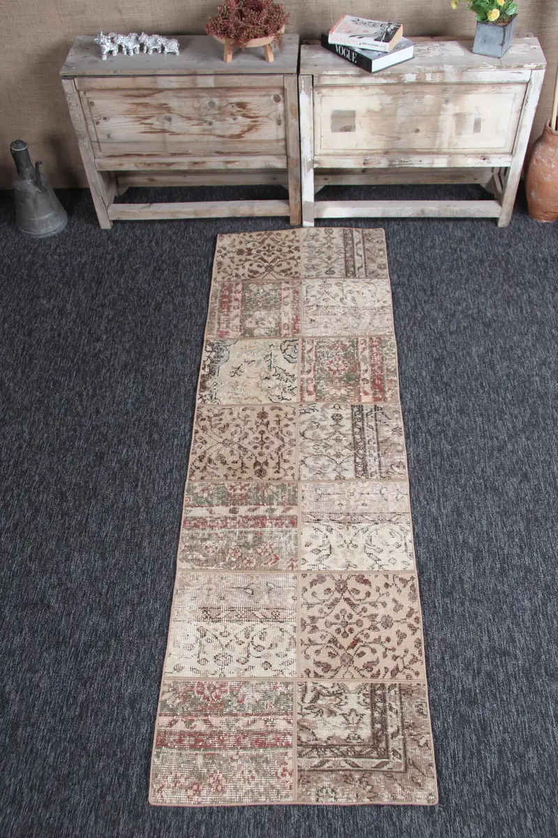Turkish Vintage Small Rug 2.1x6.7 ft, Brown Beige Patchwork Rug - 1