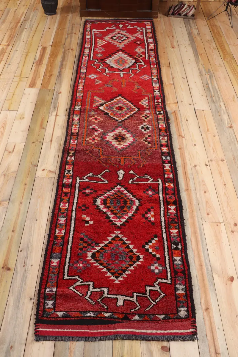Vintage 2.8x12.9 ft Rug, Herki Turkish Rug, Red Oriental Wool Rug - 1