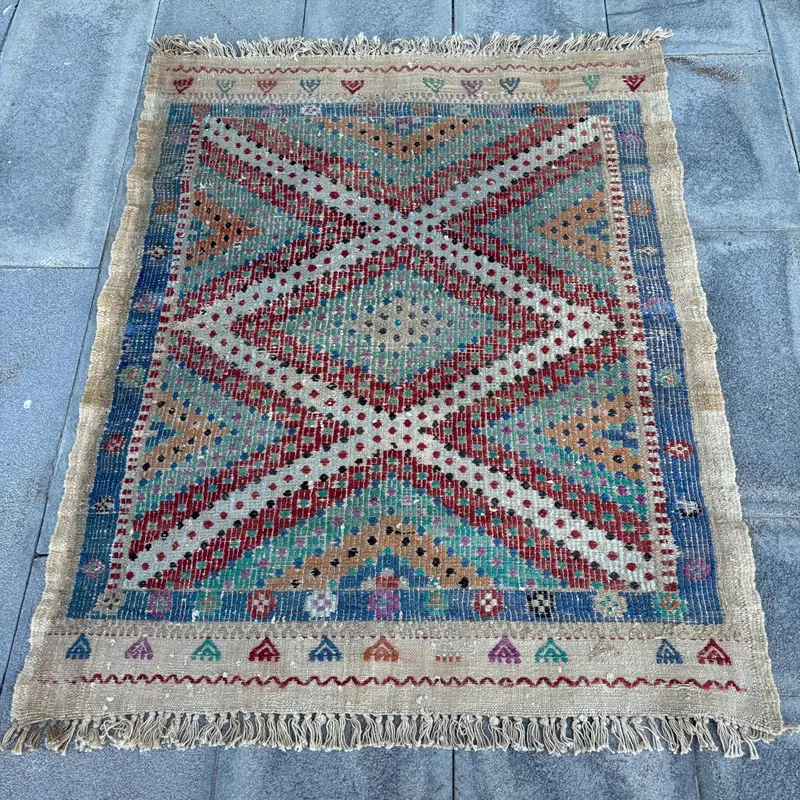 Kırmızı, Mavi Kamuflaj Halı, 3,2x4 ft Şık Dekor