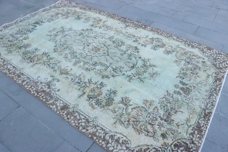 5,9x9,5 ft Teppich, türkischer Vintage Teppich, grün brauner Pflanzen & Bäume Teppich