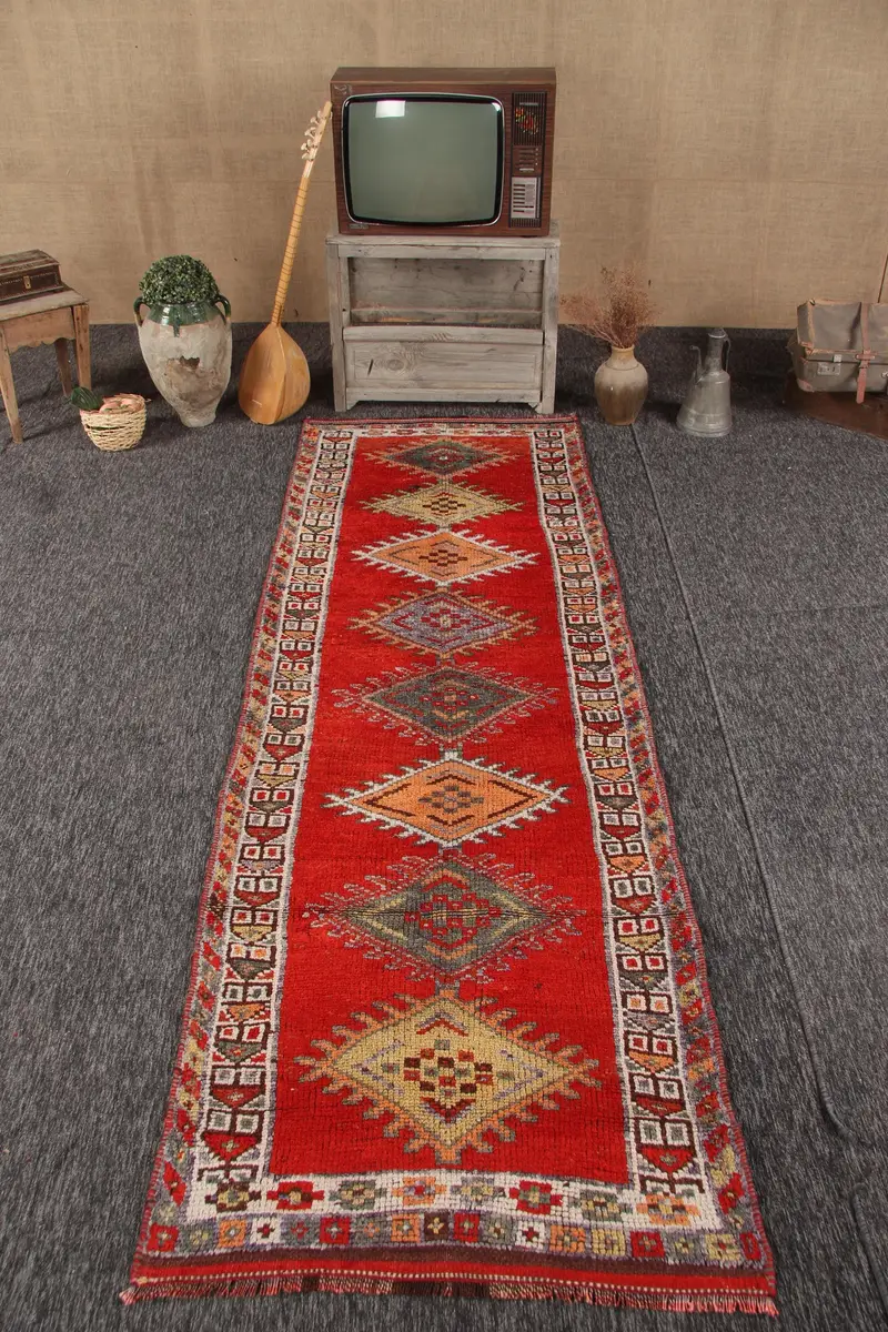 Vintage Turkish Rug, 3.2x9.7 ft Herki Rug, Red Yellow Plants & trees Rug - 1